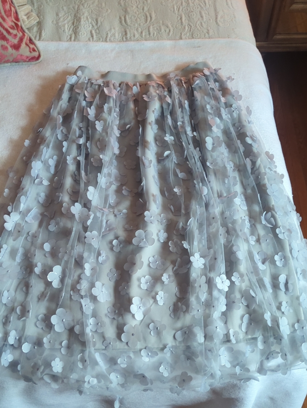 Light Gray Floral Appliqué Tulle Skirt - Women